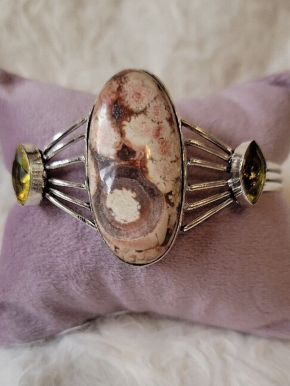 Sterling Silver Ocean Jasper with Synthetic Peridot Adjustable Cuff Bracelet